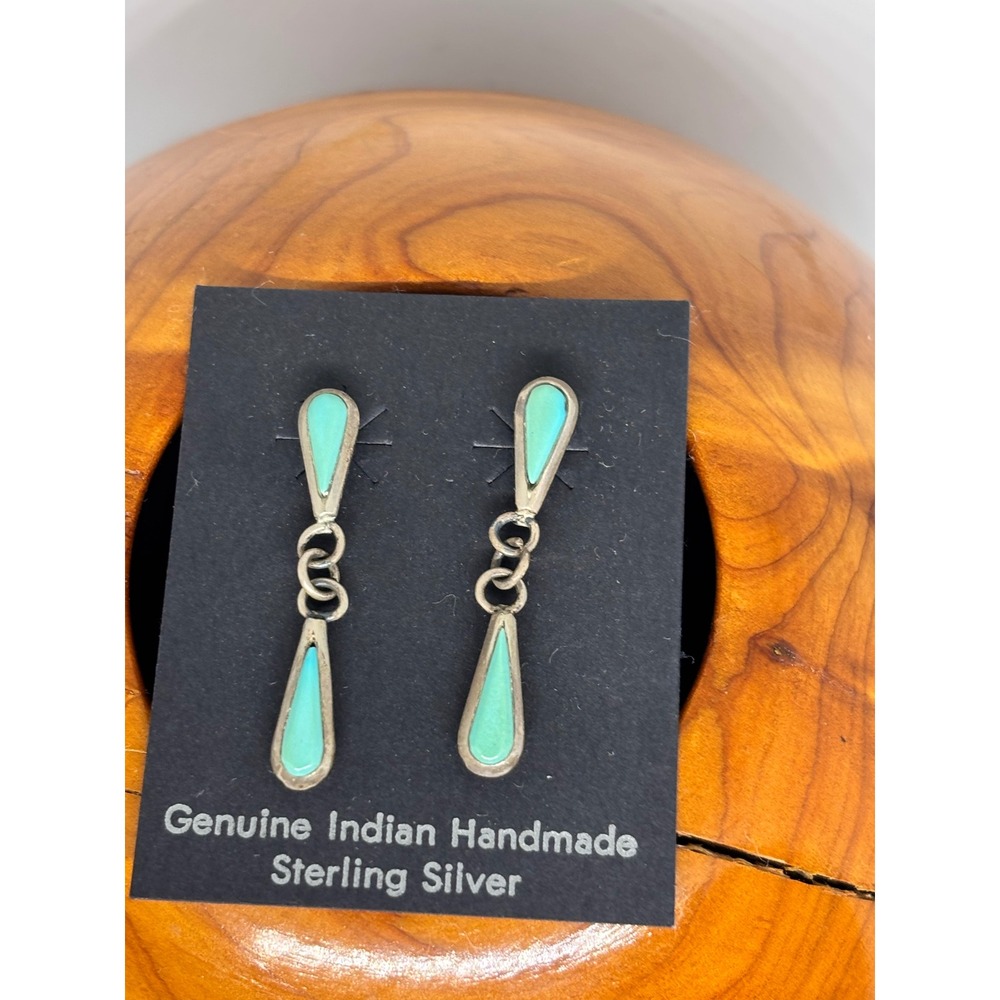 Genuine‎ Indian Handmade Sterling Silver Turquoise Teardrop Dangle Earrings